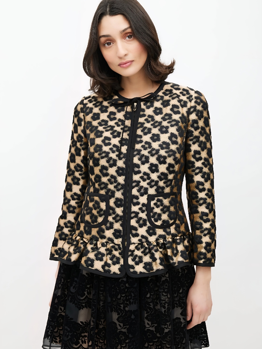 RED Valentino Black and Gold Leopard-Print Peplum Jacket